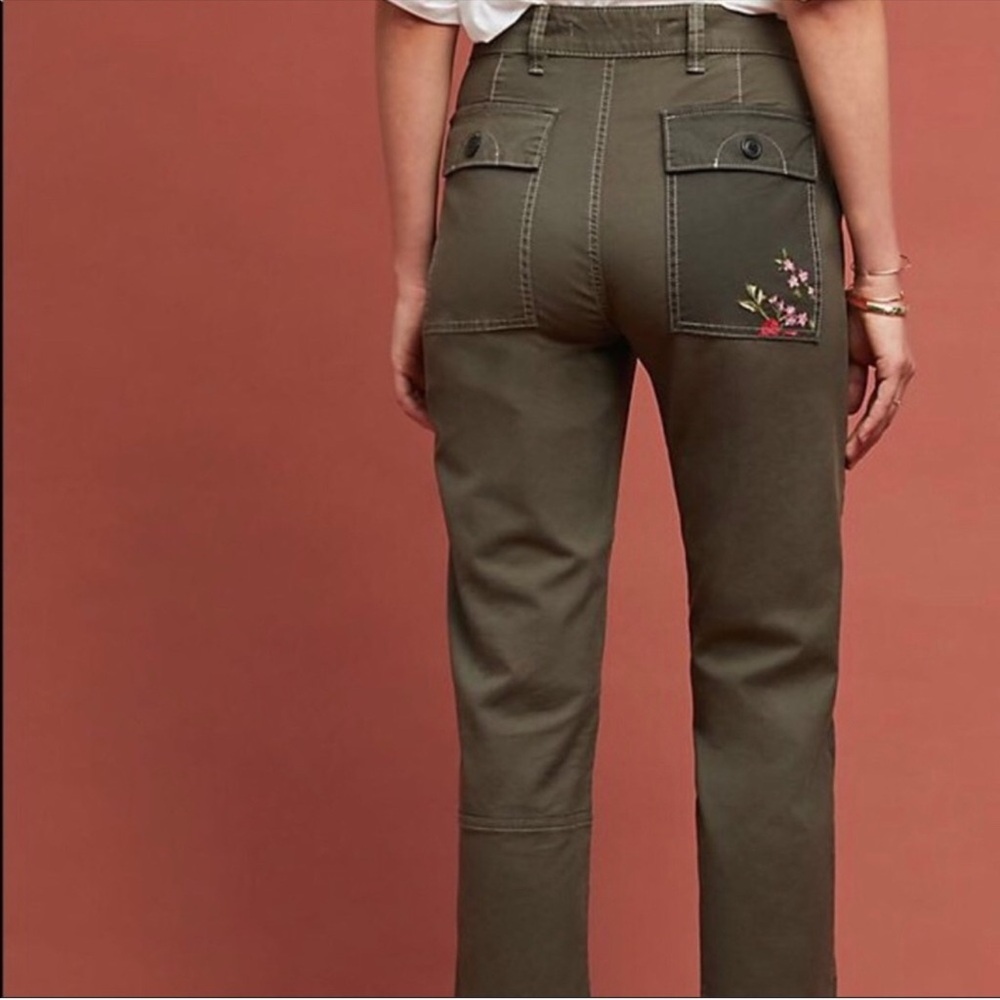 Anthropologie Green Khaki Embroidered Pants - Picture 5 of 11